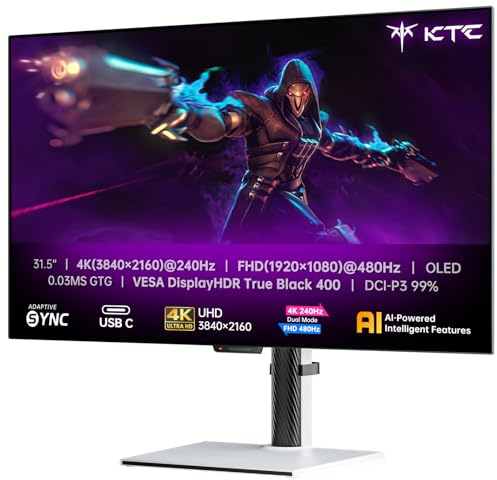 KTC 4K Monitor OLED 32 Pulgadas, Modo Dual 4K@240Hz / 1080P@480HZ Gaming Monitor, Tiempo de Respuesta de 0,03 ms, FreeSync/G-Sync, HDR Ture Black 400, HDMI 2.1, DP 1.4, USB 65 W, 3 x USB A 3.0, KVM