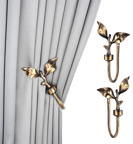 SUQ I OME 1 Pair of Leaf Shaped Curtain Holdbacks Metal Curtain Side Holders for Wall, Antique Brass Curtain Tieback Hook Pull Backs for Drapes Window Home Decoration,Bronze