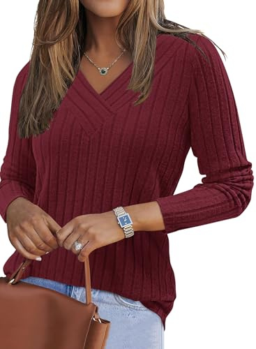 PLOKNRD Women's Lightweight Jumpers Ladies V Neck Tops Long Sleeve T Shirts Fashion Sweater Size 10 12(Burgundy,M)