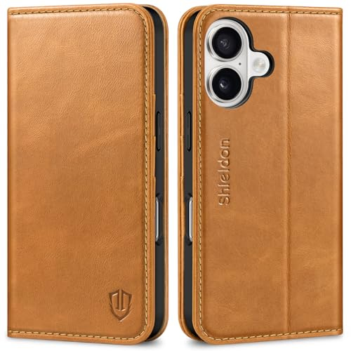 SHIELDON Lederhülle für für iPhone 17 6,3 5G 2025, Retro Hellbraun | Rindsleder Hülle, Kartenfach, Stand, RFID Blocker, Magnetverschluss, Handy-Ösen, TPU Schutzhülle, Stoßfeste Handyhülle