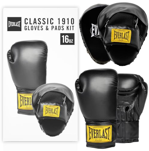 Everlast 1910 Classic Boxhandschuhe 16oz & Pratzen, Klettverschluss, aus synthetischem PU-Leder für Training, Sandsack & Sparring – Bequeme und schützende Boxausrüstung