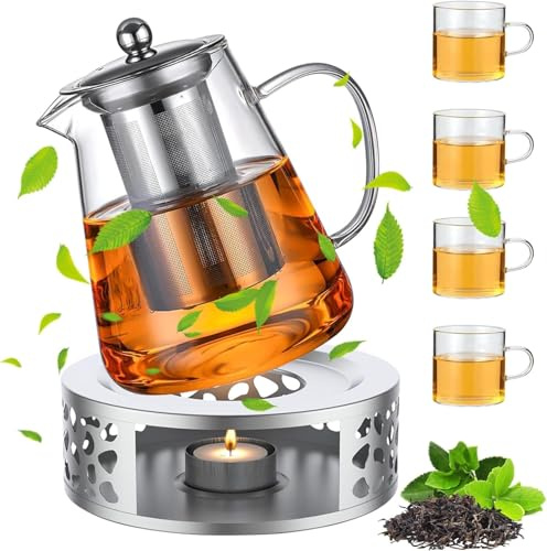MIUUIPI Teekanne mit Stövchen Set, 1300ml Teekanne aus Glas mit Edelstahl Siebeinsatz und 4 Teetassen aus Glas, Hitzebeständig Kaffeekannen Borosilikatglas Teebereiter für Losen Tee Früchtetee