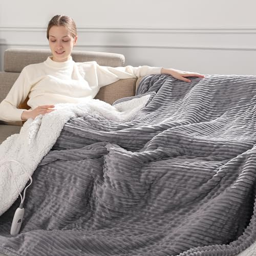 Electric Blanket Throw 50''x60''- Fast Heating Blanket Striped Pattern Flannel & Cuddly Sherpa Heated Blanket Throw with 5 Heat Settings & 4 Hour Auto Off, Great Gift to Elderly for Chilly Nights