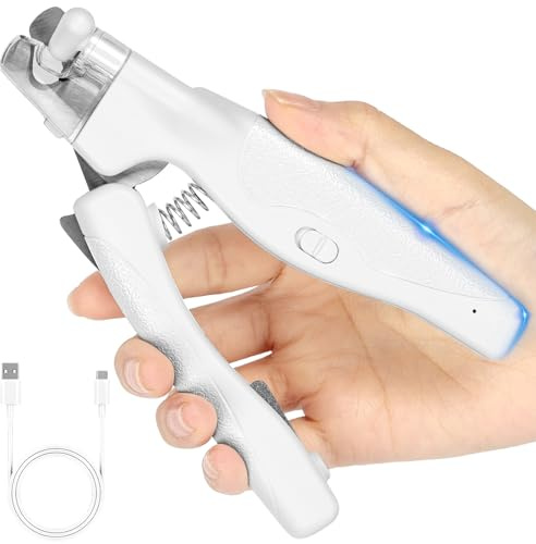 HOTUT Haustier Nagelknipser mit LED-Licht,Wiederaufladbar,Edelstahl Krallenschere mit Nagelfeile und Spritzfest Schutzvorrichtung für Hunde Katzen,Hunde Krallenschere Krallenschneider(Weiß)