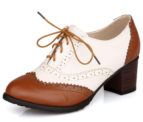 Dam vintage vingspets brogue Oxfords tjock block häl patent läder snörning pumpar för retro kontor och höst streetwear look, Brun, 35 EU
