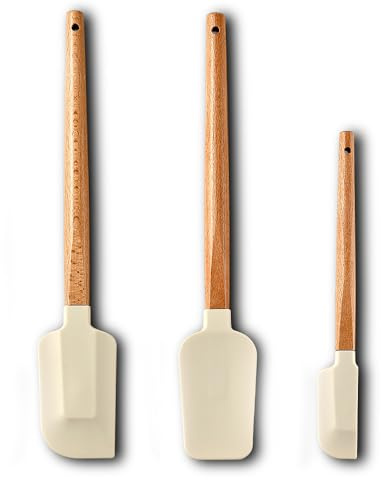 Silicone Spatula Wooden Handle 3-Piece Set, Heat Resistant Non-Stick Rubber Spatula & Silicone Scraper, Baking Tools for Cooking, Mixing, Frosting, Jams & Jars (Beige)