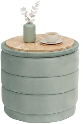 Bonlife Runde Ottomane mit Deckel, Klappbare Fußstütze mit Tisch, Fußstütze, Fußhocker für Wohnzimmer, Schlafzimmer, Flur, Salbeiblaue Samt,39x39x37cm