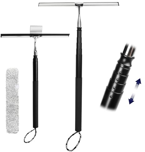 2 in 1 Window Cleaning Equipment Kit, 12 Inch Telescopic Window Cleaner | Shower Squeegee with Microfiber Scrubber & Sticky Hook, Window Squeegee for Bathroom Tile, Door, Glass, Mirror, Car