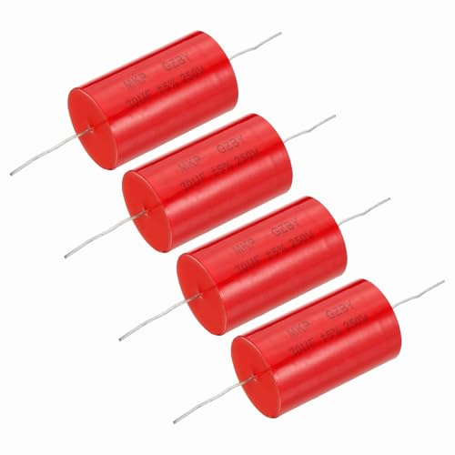 sourcing map 4pcs 30uf Frequency Divider Capacitor, 250V Red Axial Audio Speaker Crossover MKP Film Capacitor