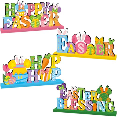 4Pcs Easter Decorations for Home Wooden Table Centerpiece Mouse Easter Table Decorations Eggs Bunny Style Tabletop Ornaments for Spring Easter Blessing Party Tiered Tray Decor Supplies