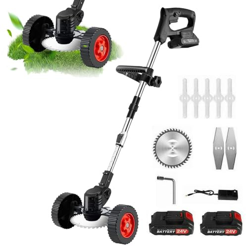 Débroussailleuse Electrique sans Fil, Coupe Bordure sans Fil avec 3000mAh Batteriesx2, 8 Types de Lames, Pneus Auxiliaires, pour Jardin, Pelouse et Désherbage
