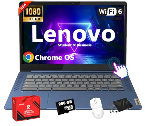 Lenovo IdeaPad Slim 3 Touchscreen Chromebook - Schermo antiriflesso FHD IPS da 14, MediaTek Kompanio 520, 4 GB di RAM, 64 GB eMMC, scheda micro SD da 256 GB, per affari e studenti, webcam, WiFi 6