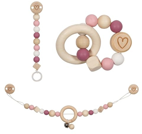 goki 6624 - Baby Greifspielzeug Set Herz, 3-teilig mit Kinderwagenkette, Schnullerkette und Greifling, MADE IN GERMANY Geschenk zur Geburt, fördert Motorik und Greifreflex ab Geburt