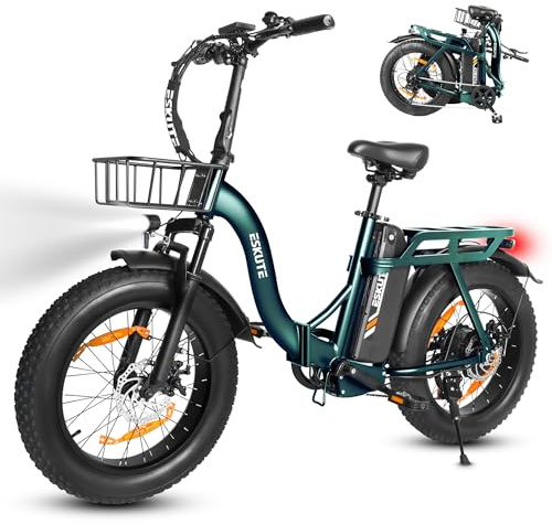 ESKUTE E-Bike D202 PRO, 20×4 Zoll faltbares Fatbike, 48V 20,8Ah Akku, bis 100 km Reichweite, 250W Motor, 7-Gang Schaltung, für Herren & Damen, Gelände, Strand & Schnee, Grün
