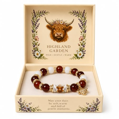 Tevora Highland Cow Beaded Bracelet, Western Style Stretch Jewellery with Cow Charm and Amber Tone Beads, Gift Box for Women, Mum, Friends and Animal Lovers