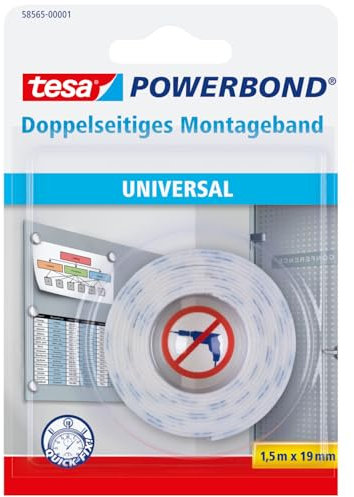tesa Powerbond Montageband Universal - doppelseitiges Montageklebeband für Glas- und Leichtbauwände - zum Fixieren ohne Bohren - 1,5 m x 19 mm