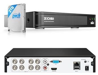 ZOSI 5MP Lite 8 Channel CCTV DVR Recorder Full 1080p, Hybrid Capability 4-in-1(Analog/AHD/TVI/CVI) H.265+ Surveillance DVR for Security Camera, 2TB HDD, Remote Access, Motion Detection, Alert Push