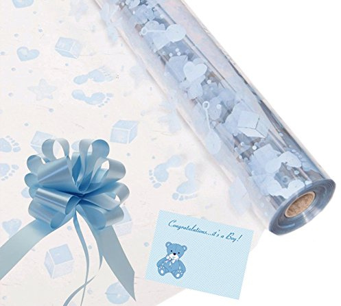 Baby Boy Cellophane Gift Wrap Hampers Florist Baby Shower + FREE Pull Bow, Curling Ribbon & Card (2 Metre, Baby Blue Ribbon, Baby Blue Pull Bow)