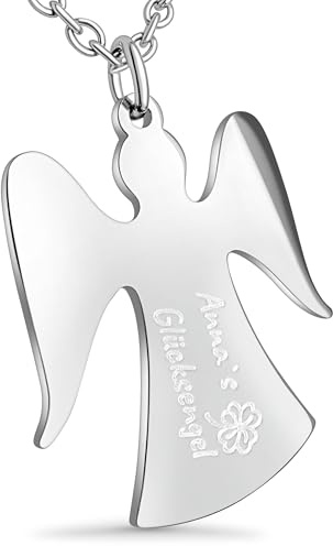 Hanessa Personalisierte Kette mit Gravur Edelstahl 50 cm mit Anhänger Schutzengel Engel in silber - Personalisierte Geschenke für Kinder und Erwachsene - Halskette Damen Herren Mädchen Jungen