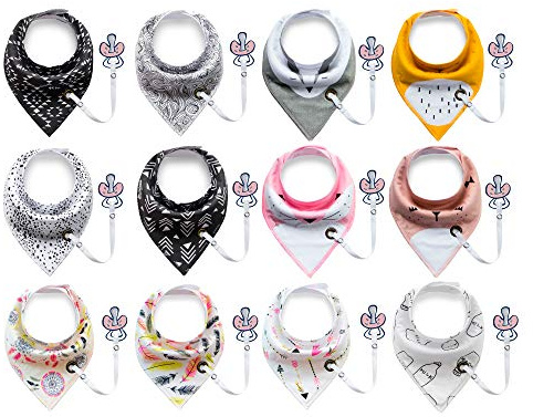 12-pack unisex baby småbarn bandana dregel haklappar med napp kedja supersäker och absorberande ren bomull