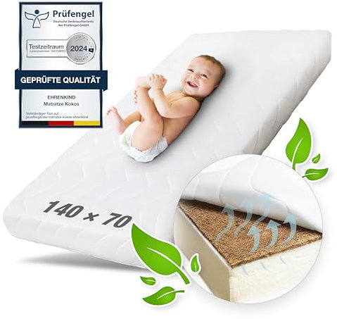 Ehrenkind® Babymatratze Kokos | Baby Matratze 70x140 Standard 100 by OEKO-TEX | Kindermatratze 70x140 mit hochwertigem Schaum, Kokosplatte und Hygienebezug
