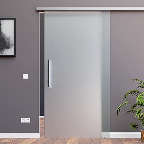 Schiebetürsystem ESG Dekor vollflächig Satiniert S-Alu mit 30mm Wandabstand (775 x 2050 mm, Soft-Close Selbsteinzug Slimline Alu-Schinensystem mit Griffstange 420mm rund)