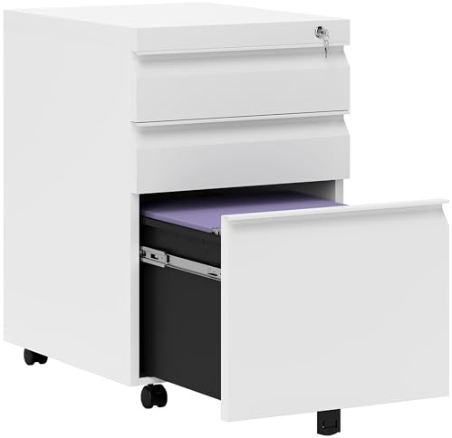 Vinsetto 3-Drawer Filing Cabinet, Mobile, 5 Wheels, 39 x 48 x 60 cm, White | Lock, Metal File Cabinet, A4/Legal/Letter Hanging Folders, Under Desk Drawers, Pre-Assembled Body