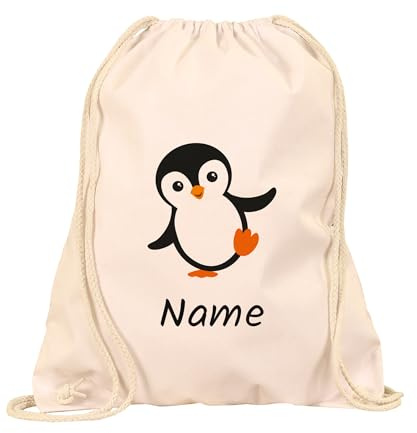 Turnbeutel Kinder Pinguin personalisiert mit Namen, Baumwolle, Natur | Stoffbeutel mit Wunschname & Pinguin-Motiv – für Kindergarten, Schule & Sport, aus 100 % Baumwolle