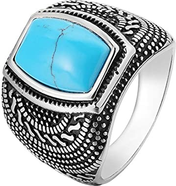 HIJONES Herren Jahrgang Einfach Quadrat Blau Türkis Stein Hochzeit Ring aus Edelstahl Königlich Schmuck Silber Größe 57