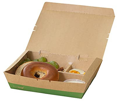 Restaurantware Eco Tek To Go Boxen, 100 Stück, Bento-Boxen, 3 Fächer, Verschluss aus Kraftpapier und grünem Papier, PLA-Futter, für Restaurants oder Partys