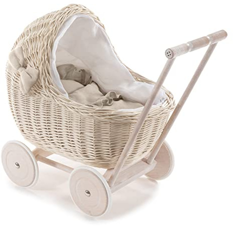 e-wicker24 DESAYER PUPPENWAGEN AUS WEIDE MIT LEINEN BETTWÄSCHE, Spielzeug AUS WEIDEN IN BEIGE, NATÜRLICHE KINDERSPIELZEUG, EIN Geschenk FUR EIN Kind (Natur), 48x28 H47