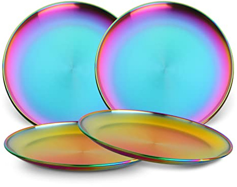 Buyer Star 4-Piece Stainless Steel Dinner Plates, Metal Dinner Dishes, Round Serving Platter, 9.1 Inch Feeding Serving Camping Plates, Unbreakable and Dishwasher Safe (Rainbow)