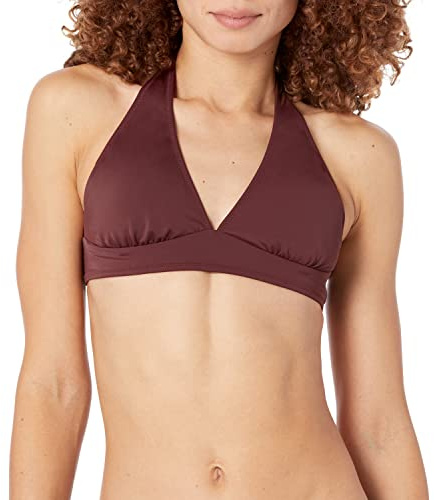 Amazon Essentials kvinnors lätt stöd halterneck bikini baddräkt topp (finns i plusstorlek), djupbrun, liten