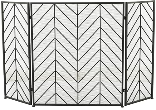 Deco 79 Malla de Malla Plegable geométrica de Metal, Pantalla para Chimenea de 3 Paneles con patrón de chevrón, 52 x 1 x 31, Negro