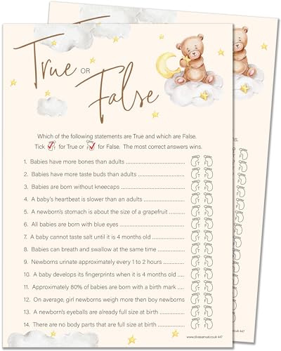 20 x True or False Baby Shower Game - Unisex Neutral Teddy Bear Design (20 Guest Cards + 1 Card of Answers for The Host + Winner Certificate) - Made in UK