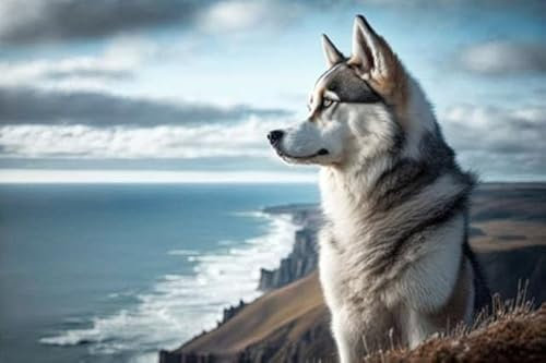 adrium Holz-Bild 50 x 30 cm: Ein Siberian Husky-Hund bewundert die Landschaft von einem Berggipfel aus. Blick aufs Meer haben. Der Hund hat einen seewärts (200370057)