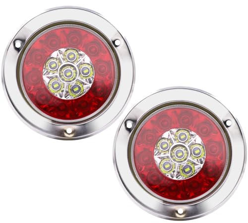 Ygmylandbb LED Feu de Freinage Feu, 4 pouces rondes 16 LED camion remorque arrêt de frein tourner feu arrière anneau chromé double couleur, 12V/24V Lot de 4 (Rouge&Blanc)