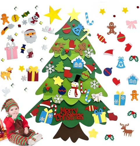 mengger Filz Weihnachtsbaum Kinder, DIY Weihnachtsbaum Filz-Weihnachtsbaum mit 64 Abnehmbaren Hängenden Ornamenten Weihnachtsbaum für Kinder
