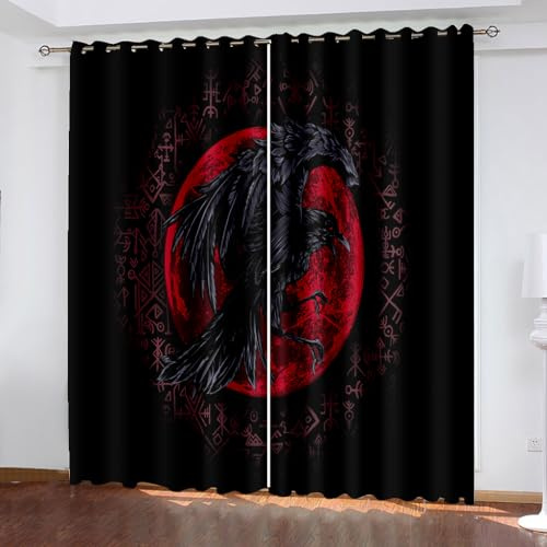 WIKINGER Gardinen ösenschal 2er Set B 120 X H 140 cm 3D Rabe Vorhang Blickdicht Kälteschutz Schallschutz Verdunkelung Wärmeisolierende Vorhänge für Wohnzimmer Schlafzimmer