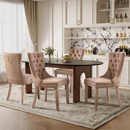 SoarTalent Lot de 4 chaises de Salle à Manger rembourrées en Velours de Style Moderne avec Bordure cloutée et Pieds en Bois, Anneau de Traction en métal pour Salle à Manger, Salon