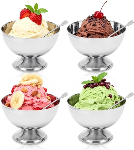 Hapivida Eisbecher Edelstahl, 4 Stück Dessertschalen mit Fuß Wiederverwendbare für Eis, Tiramisu, Creme Brulee, Spülmaschinenfeste Servierschale für Erwachsene