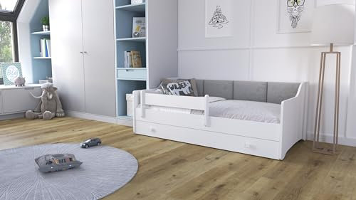 Kobi Cama Infantil Eryk Blanca | 160x80| Paneles Acolchados | Cajón, colchón, barandilla | para habitación Infantil | para una niña | para un niño (Paneles Gris)