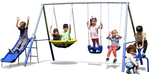 Sportspower Taylor 700lbs Galvanized Metal Swing Set for Kids for Backyard & Outdoors with Teeter-Totter, Saucer & Standing Swings, & 5ft Slide, 7.55' D × 13.88' W × 6.07' H, Bonus Anchor Kit