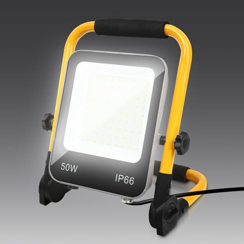Ansobea Baustrahler LED, 50W Baustellenstrahler Arbeitsleuchte 5100LM 6000K,Baulampe Led mit 3M Kabel und Faltbarer Ständer,Baustellenlampe IP66 Wasserdicht,für Werkstatt Garage