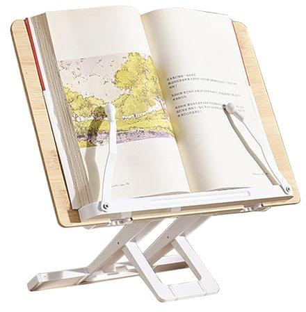 Buchständer zum Lesen, Bambus-Rezept-Kochbuchhalter für Küche, verstellbarer Buchhalter mit Seitenclips für Notenblätter, Rezepte, Zeitschriften, Laptop (Original Holz + Weiß)