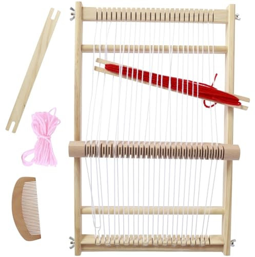 YXINAER Webstuhl Webstuhl-Set, komplettes Webrahmen-Set aus Holz mit Garnen in 3 Farben, Holzkamm-Wickler, Handwebstuhl-Set