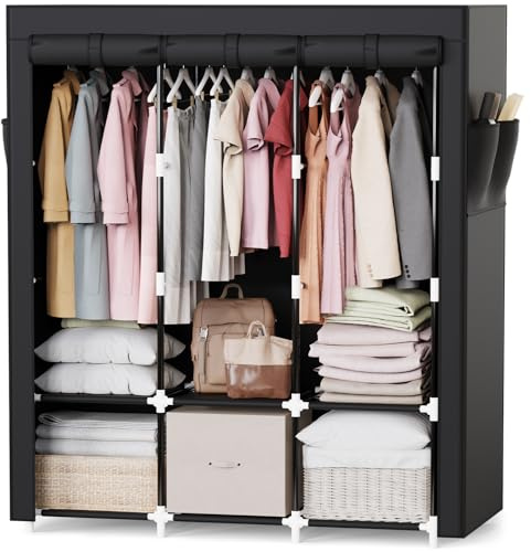 Mavivegue Portable Closet, 50 Inch Wardrobe Closet, Portable Closets for Hanging Clothes with 3 Hanging Rods and 6 Storage Shelves for Bedroom, Black