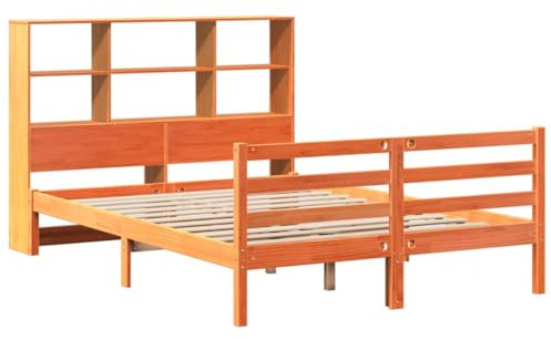 vidaXL Massivholzbett, Bett mit Bücherregal ohne Matratze, Bettgestell mit Lattenrost, Holzbett Doppelbett für Schlafzimmer, Wachsbraun 135x190cm Kiefer