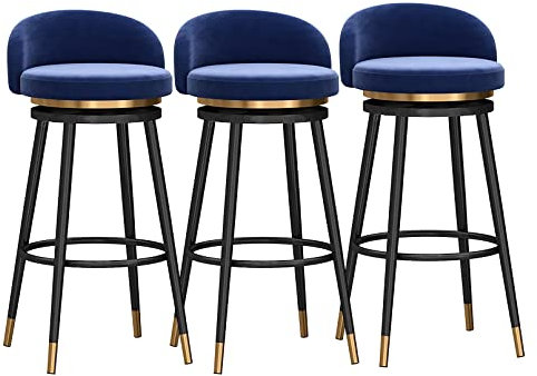 Farmhouse Barhocker für die Küche, Frühstück, Barhocker, 3er-Set, Thekenhöhe, Drehhocker mit Rückenlehnen, 360° drehbar, Samt, gepolsterte Sitzfläche, schwarze Metallbeine, Blau, 75 cm Höhe