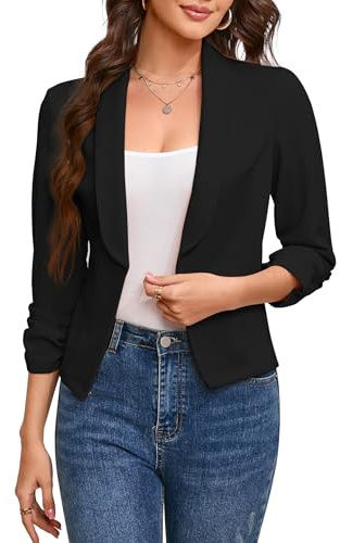 KOJOOIN Blazer Damen 3/4 Arm Jacke Leicht Business Büro Blazer Casual mit Faltigen Ärmeln Slim Fit Blazerjacke Elegant Outwear Open Front Bolero Jacke Schwarz S